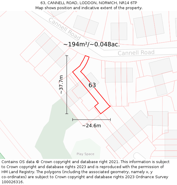 63, CANNELL ROAD, LODDON, NORWICH, NR14 6TP: Plot and title map
