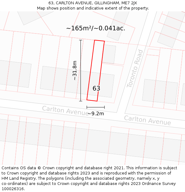 63, CARLTON AVENUE, GILLINGHAM, ME7 2JX: Plot and title map