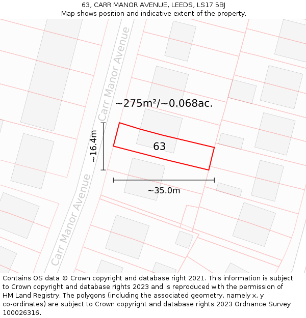 63, CARR MANOR AVENUE, LEEDS, LS17 5BJ: Plot and title map
