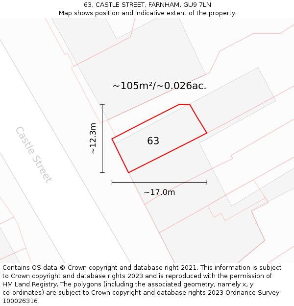 63, CASTLE STREET, FARNHAM, GU9 7LN: Plot and title map