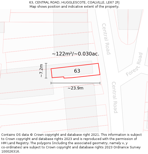63, CENTRAL ROAD, HUGGLESCOTE, COALVILLE, LE67 2FJ: Plot and title map
