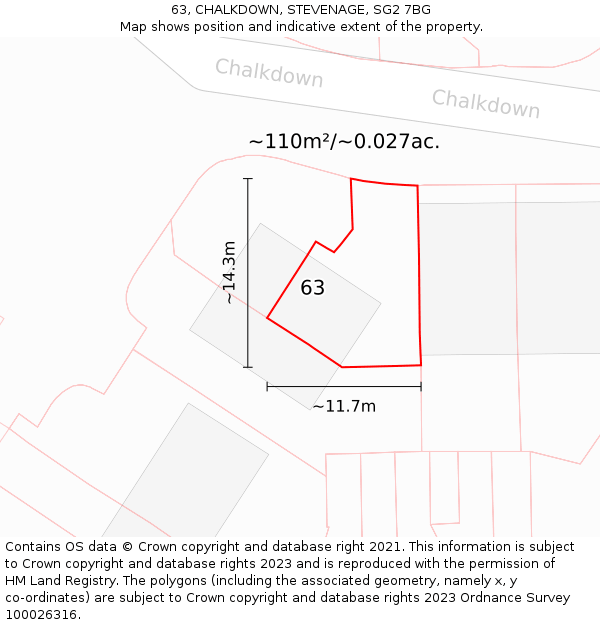 63, CHALKDOWN, STEVENAGE, SG2 7BG: Plot and title map