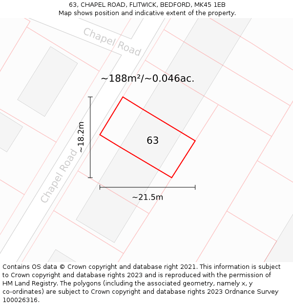 63, CHAPEL ROAD, FLITWICK, BEDFORD, MK45 1EB: Plot and title map