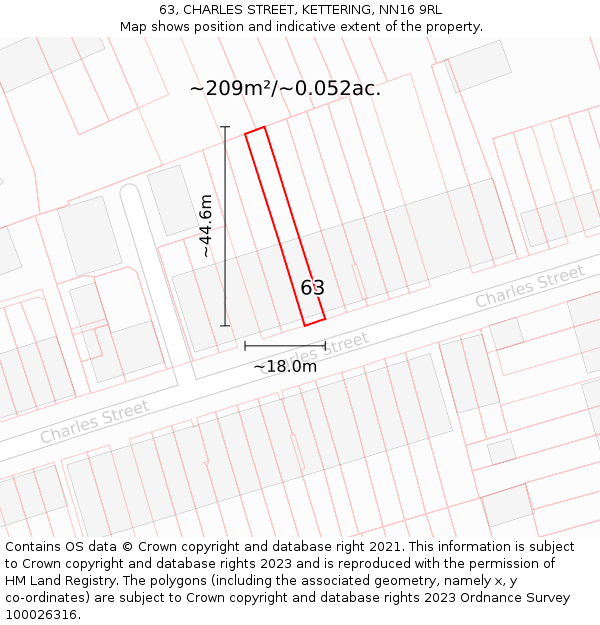 63, CHARLES STREET, KETTERING, NN16 9RL: Plot and title map