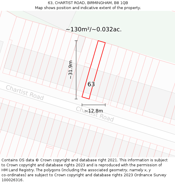 63, CHARTIST ROAD, BIRMINGHAM, B8 1QB: Plot and title map