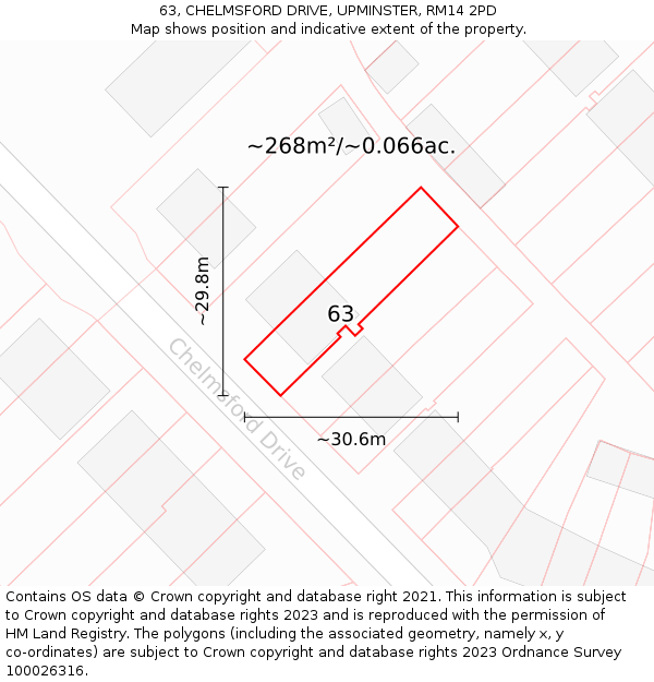 63, CHELMSFORD DRIVE, UPMINSTER, RM14 2PD: Plot and title map