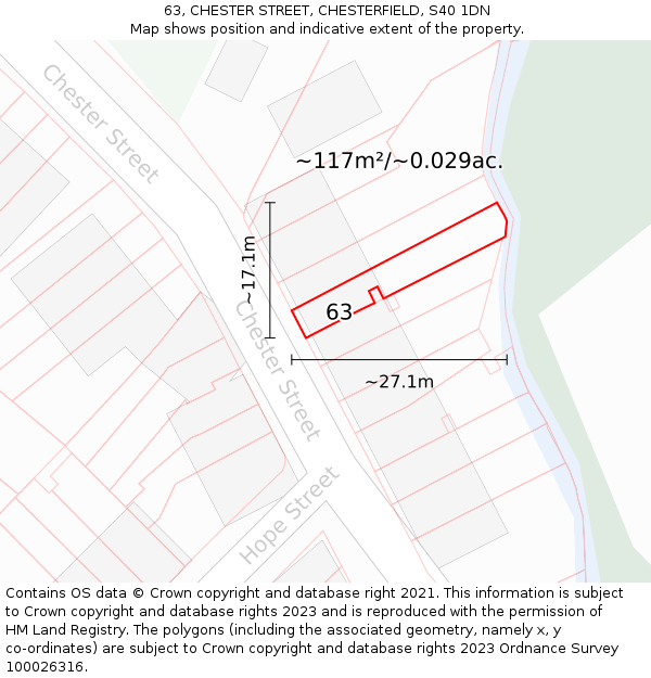 63, CHESTER STREET, CHESTERFIELD, S40 1DN: Plot and title map