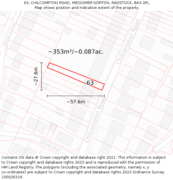 63, CHILCOMPTON ROAD, MIDSOMER NORTON, RADSTOCK, BA3 2PL: Plot and title map