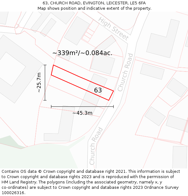63, CHURCH ROAD, EVINGTON, LEICESTER, LE5 6FA: Plot and title map