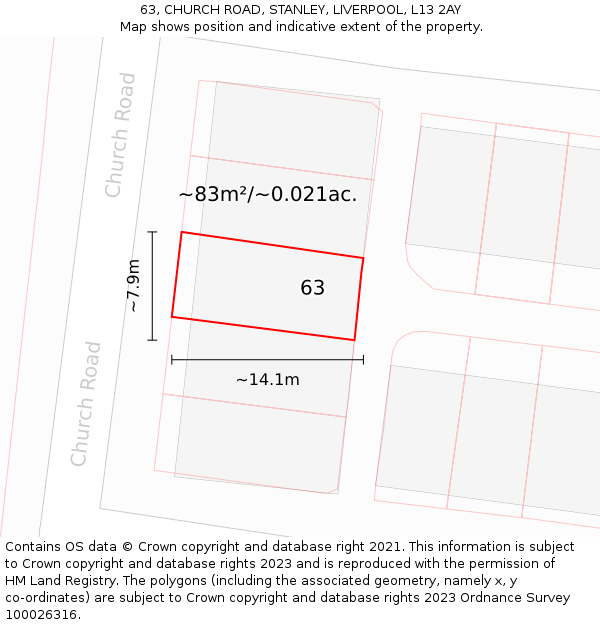 63, CHURCH ROAD, STANLEY, LIVERPOOL, L13 2AY: Plot and title map