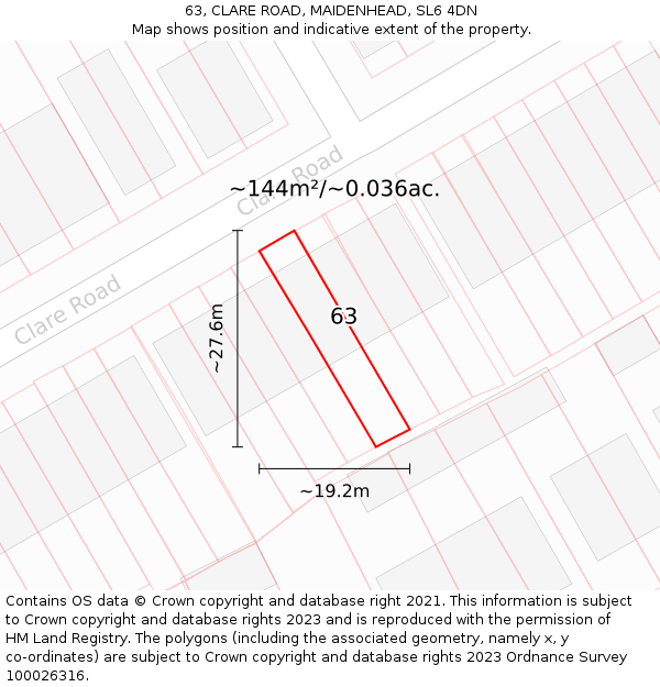 63, CLARE ROAD, MAIDENHEAD, SL6 4DN: Plot and title map