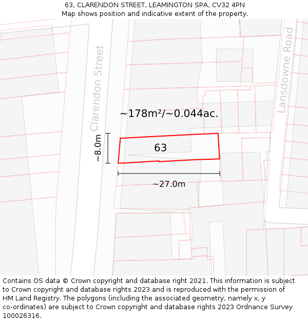 63, CLARENDON STREET, LEAMINGTON SPA, CV32 4PN: Plot and title map