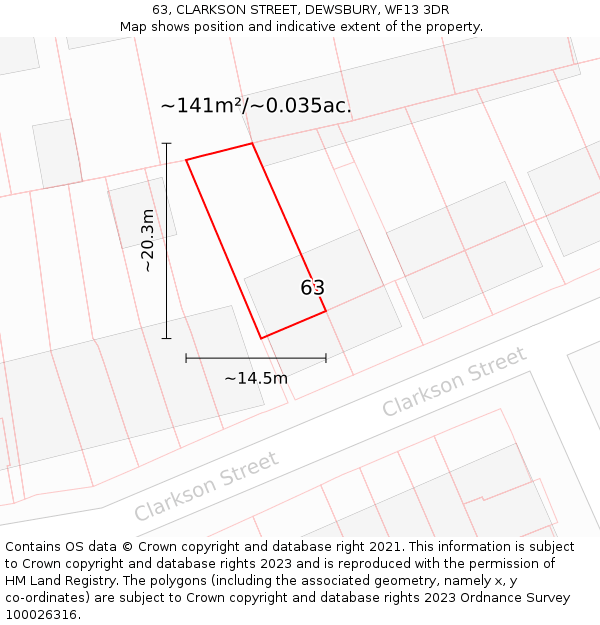 63, CLARKSON STREET, DEWSBURY, WF13 3DR: Plot and title map