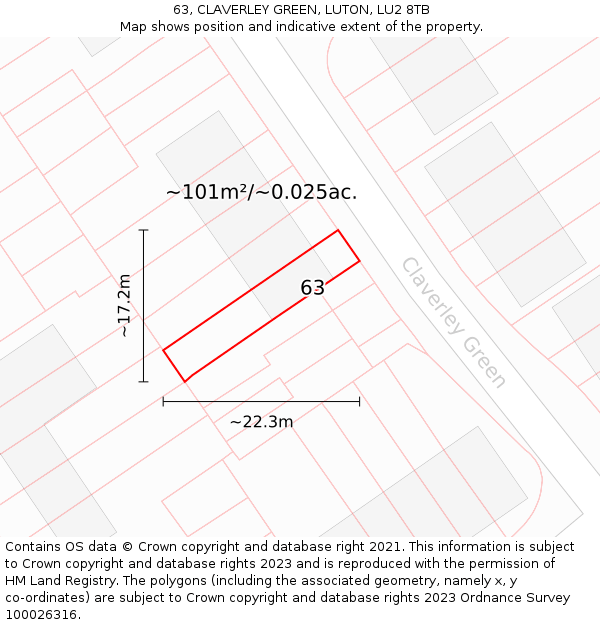 63, CLAVERLEY GREEN, LUTON, LU2 8TB: Plot and title map