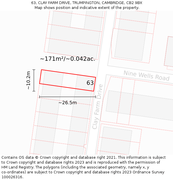 63, CLAY FARM DRIVE, TRUMPINGTON, CAMBRIDGE, CB2 9BX: Plot and title map