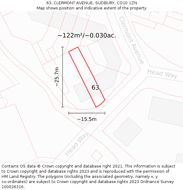 63, CLERMONT AVENUE, SUDBURY, CO10 1ZN: Plot and title map