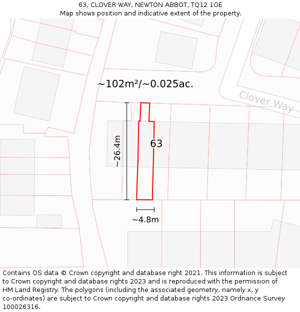 63, CLOVER WAY, NEWTON ABBOT, TQ12 1GE: Plot and title map
