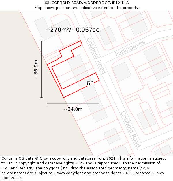 63, COBBOLD ROAD, WOODBRIDGE, IP12 1HA: Plot and title map