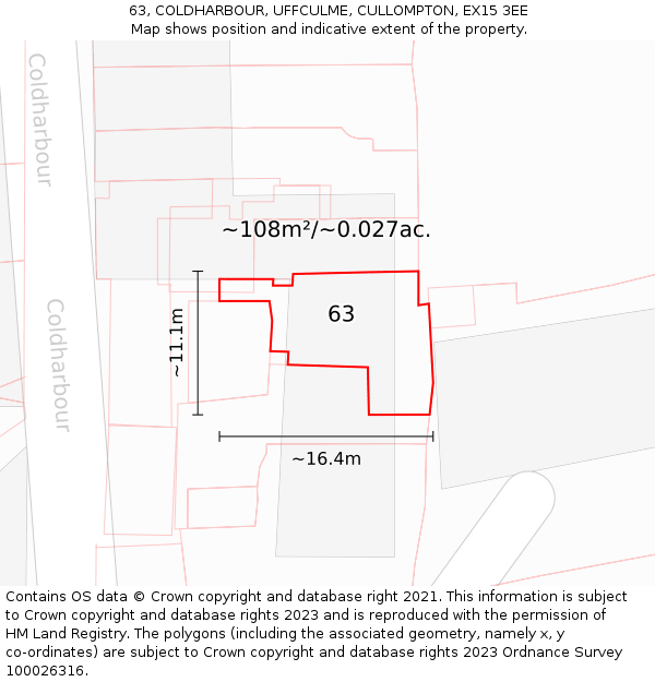 63, COLDHARBOUR, UFFCULME, CULLOMPTON, EX15 3EE: Plot and title map