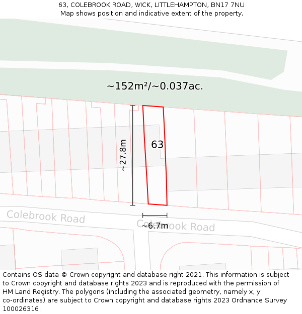 63, COLEBROOK ROAD, WICK, LITTLEHAMPTON, BN17 7NU: Plot and title map