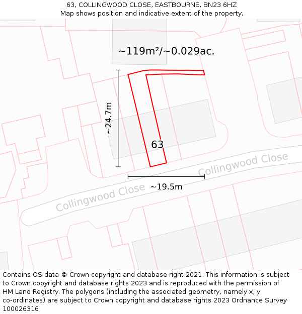 63, COLLINGWOOD CLOSE, EASTBOURNE, BN23 6HZ: Plot and title map