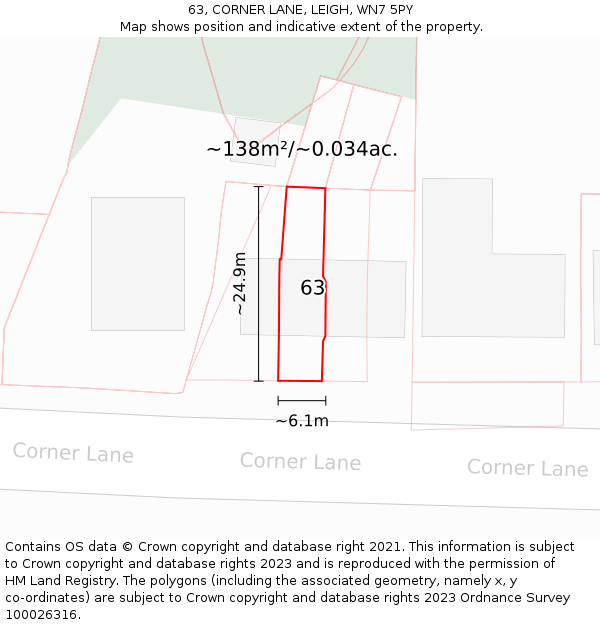 63, CORNER LANE, LEIGH, WN7 5PY: Plot and title map
