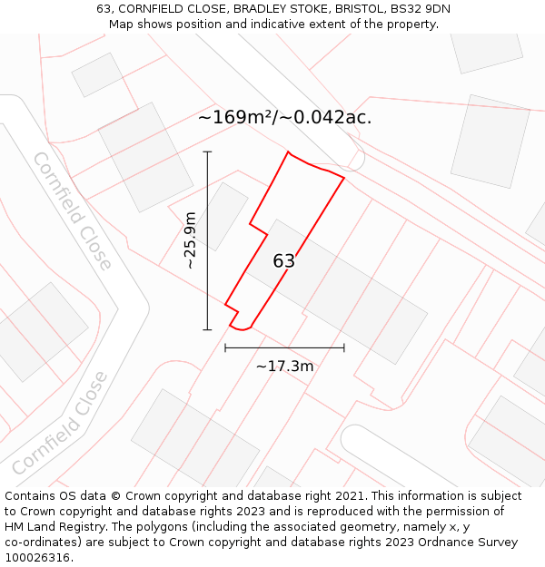 63, CORNFIELD CLOSE, BRADLEY STOKE, BRISTOL, BS32 9DN: Plot and title map