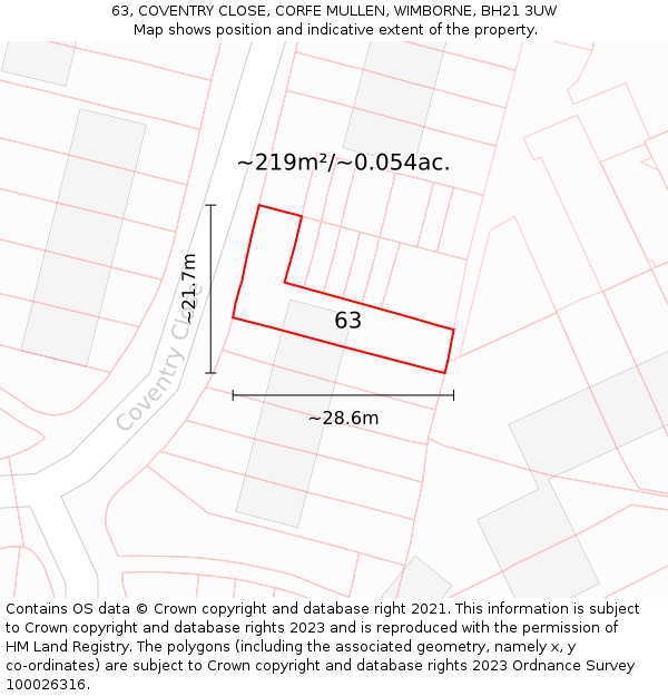 63, COVENTRY CLOSE, CORFE MULLEN, WIMBORNE, BH21 3UW: Plot and title map