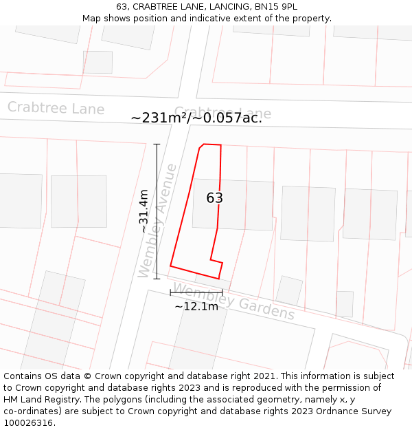 63, CRABTREE LANE, LANCING, BN15 9PL: Plot and title map