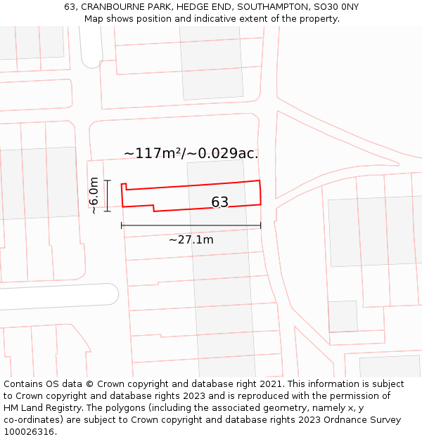 63, CRANBOURNE PARK, HEDGE END, SOUTHAMPTON, SO30 0NY: Plot and title map