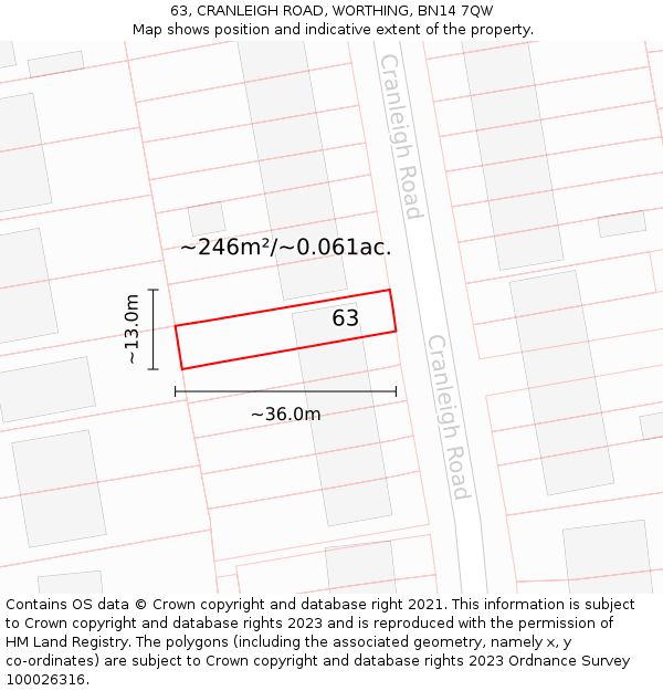 63, CRANLEIGH ROAD, WORTHING, BN14 7QW: Plot and title map