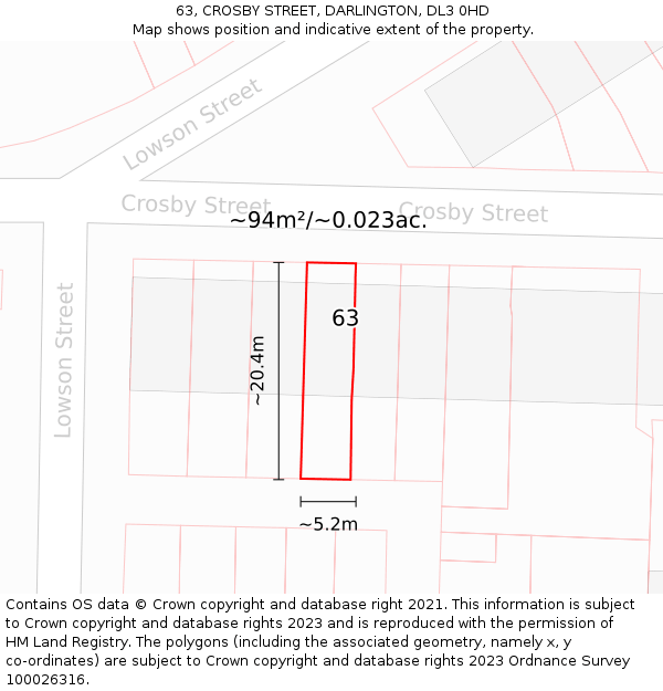 63, CROSBY STREET, DARLINGTON, DL3 0HD: Plot and title map