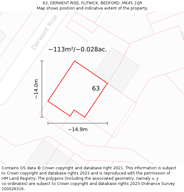 63, DERWENT RISE, FLITWICK, BEDFORD, MK45 1QR: Plot and title map