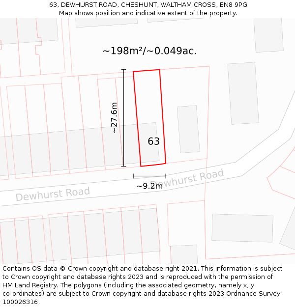63, DEWHURST ROAD, CHESHUNT, WALTHAM CROSS, EN8 9PG: Plot and title map