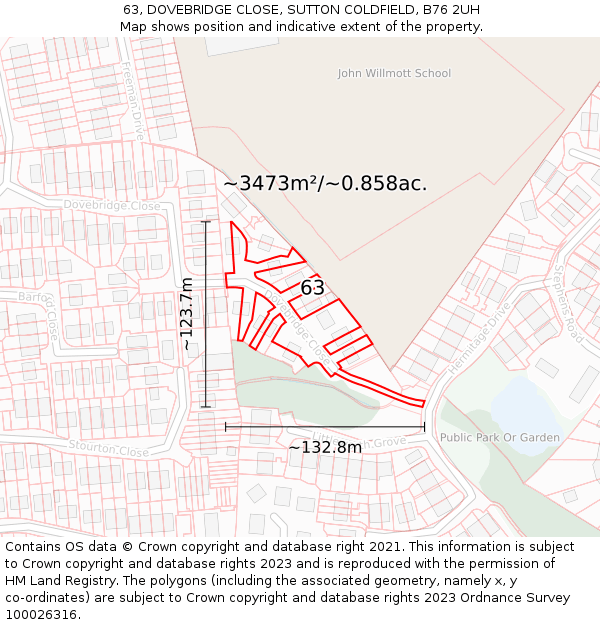 63, DOVEBRIDGE CLOSE, SUTTON COLDFIELD, B76 2UH: Plot and title map