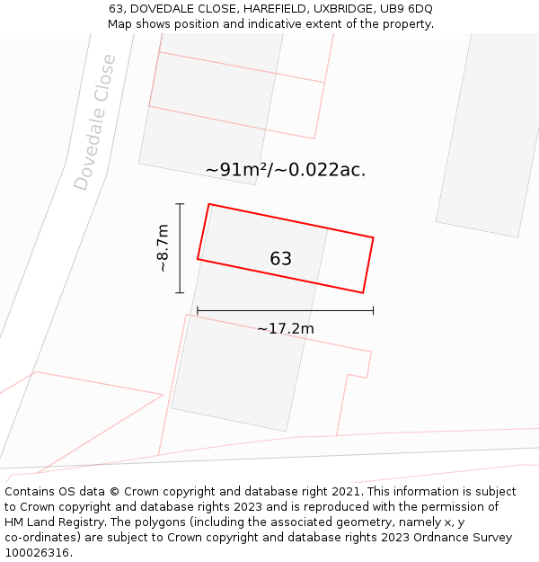 63, DOVEDALE CLOSE, HAREFIELD, UXBRIDGE, UB9 6DQ: Plot and title map