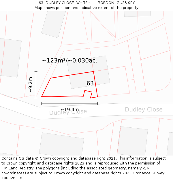 63, DUDLEY CLOSE, WHITEHILL, BORDON, GU35 9PY: Plot and title map