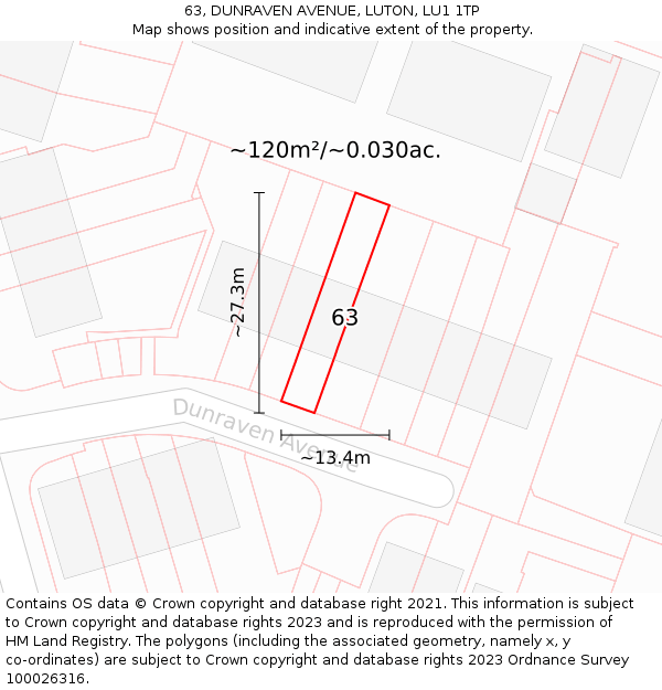 63, DUNRAVEN AVENUE, LUTON, LU1 1TP: Plot and title map