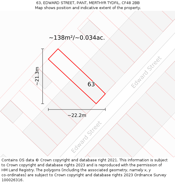 63, EDWARD STREET, PANT, MERTHYR TYDFIL, CF48 2BB: Plot and title map