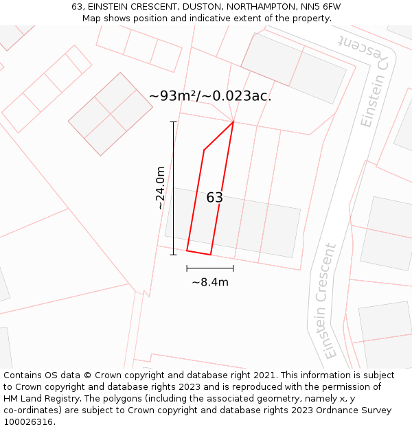 63, EINSTEIN CRESCENT, DUSTON, NORTHAMPTON, NN5 6FW: Plot and title map