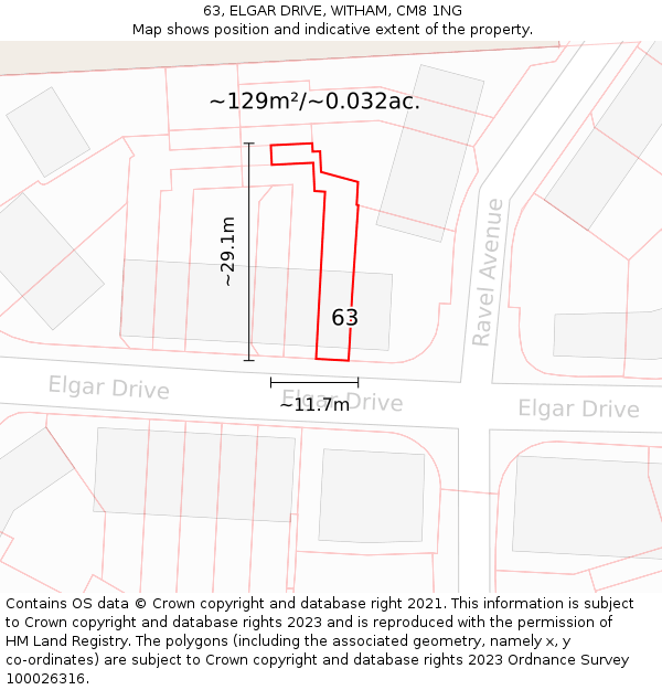 63, ELGAR DRIVE, WITHAM, CM8 1NG: Plot and title map