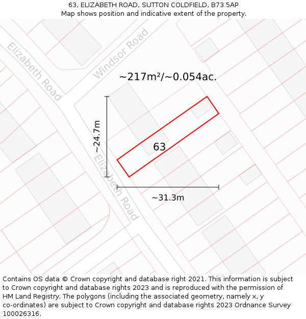 63, ELIZABETH ROAD, SUTTON COLDFIELD, B73 5AP: Plot and title map