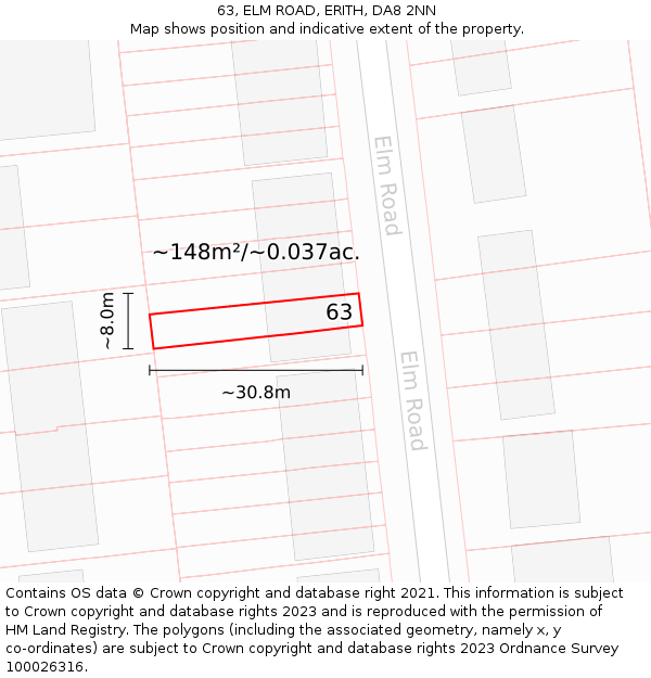63, ELM ROAD, ERITH, DA8 2NN: Plot and title map