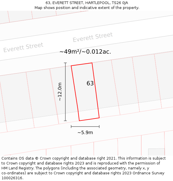 63, EVERETT STREET, HARTLEPOOL, TS26 0JA: Plot and title map