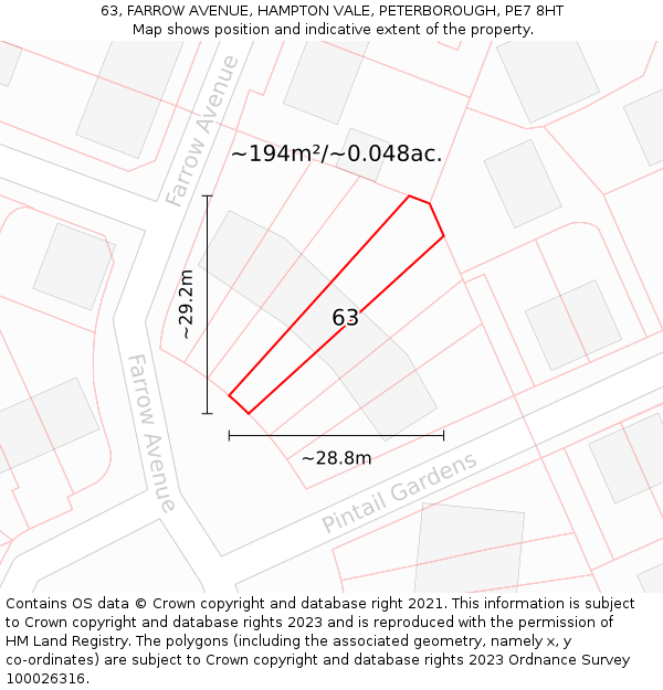 63, FARROW AVENUE, HAMPTON VALE, PETERBOROUGH, PE7 8HT: Plot and title map