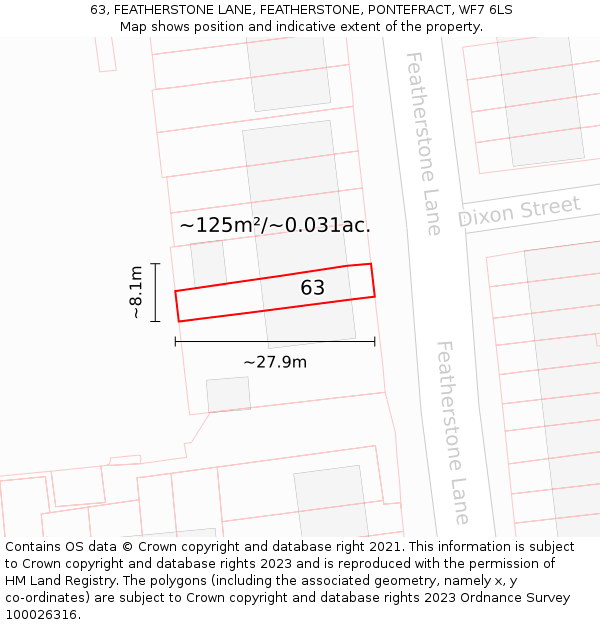 63, FEATHERSTONE LANE, FEATHERSTONE, PONTEFRACT, WF7 6LS: Plot and title map