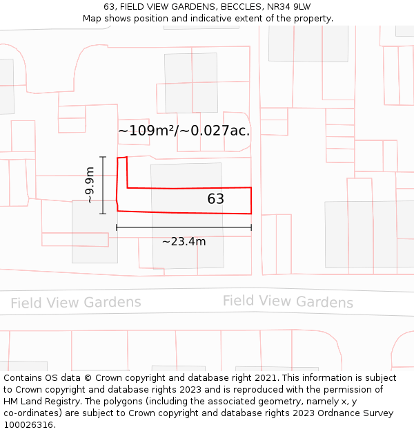 63, FIELD VIEW GARDENS, BECCLES, NR34 9LW: Plot and title map