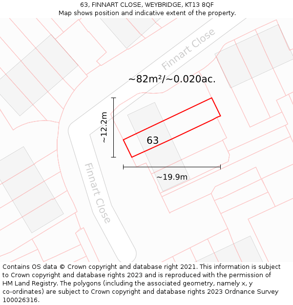 63, FINNART CLOSE, WEYBRIDGE, KT13 8QF: Plot and title map
