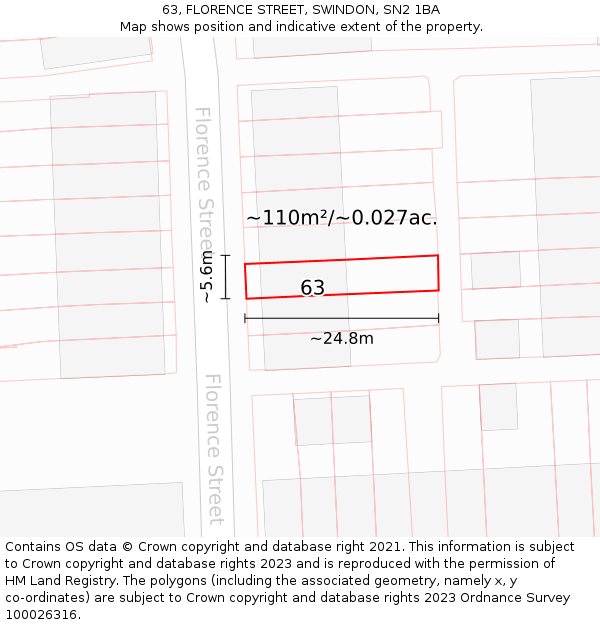 63, FLORENCE STREET, SWINDON, SN2 1BA: Plot and title map