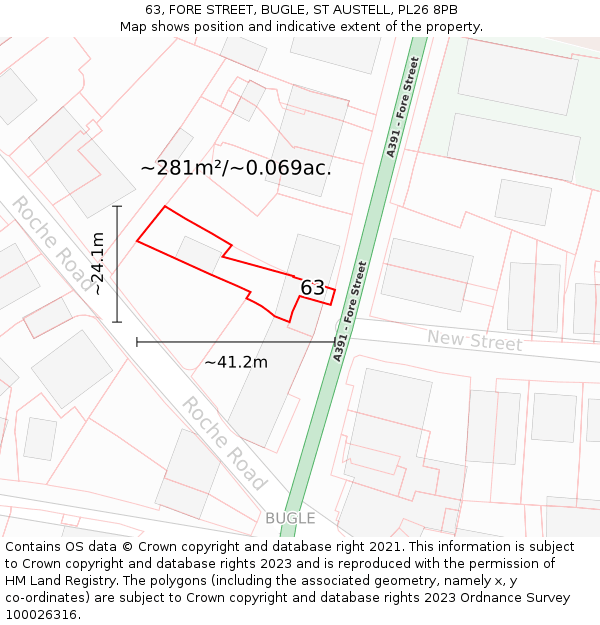 63, FORE STREET, BUGLE, ST AUSTELL, PL26 8PB: Plot and title map